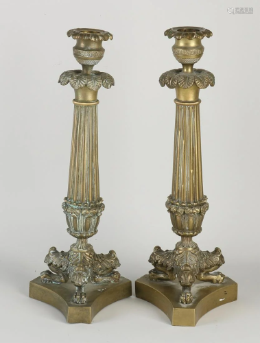 Two French bronze Charles Dix candlesticks. Circa 1830.