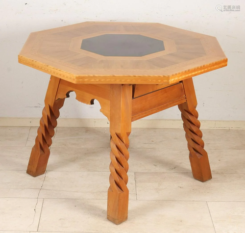 Austrian octagonal table with intarsia + drawer. Partly