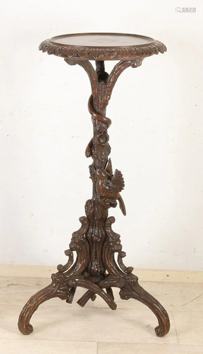 Rare walnut carved Black Forest pedestal with bird/tree