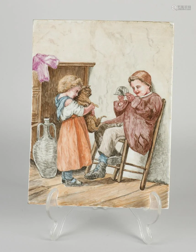 Antique hand-painted porcelain plaque. Children play