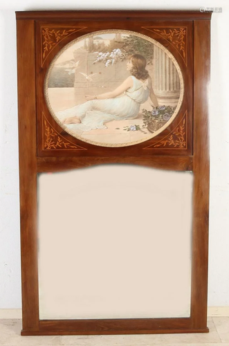 Large antique English mahogany mirror with intarsia and