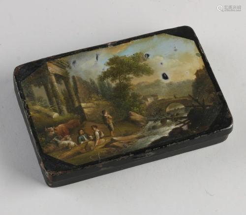 19th century tobacco box with romantic scene, made of