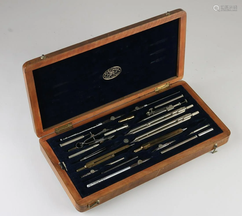 Antique 20-piece compass set in walnut box. Germany.