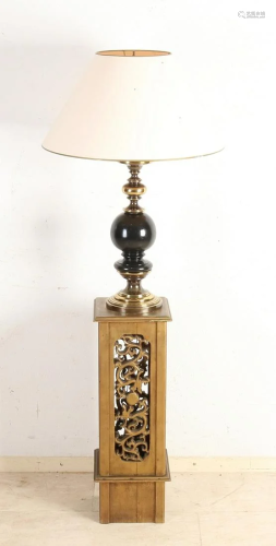 Decorative brass with wooden lamp standing on Chinese