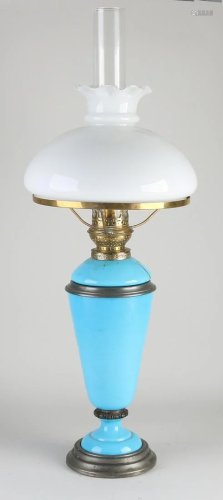Large antique blue opaline glass table lamp. Circa