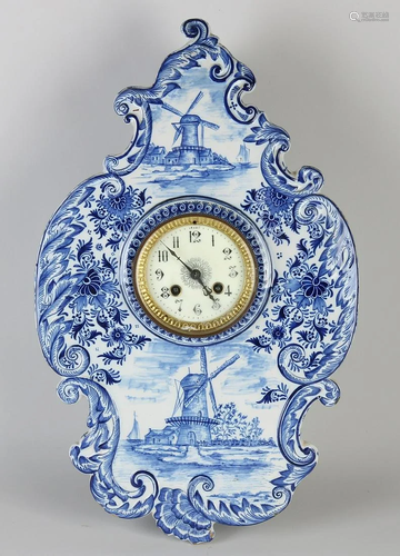 19th century Delft blue fayence cartel wall clock.