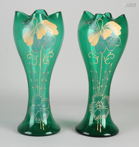 Two antique mouth-blown Art Nouveau glass vases with