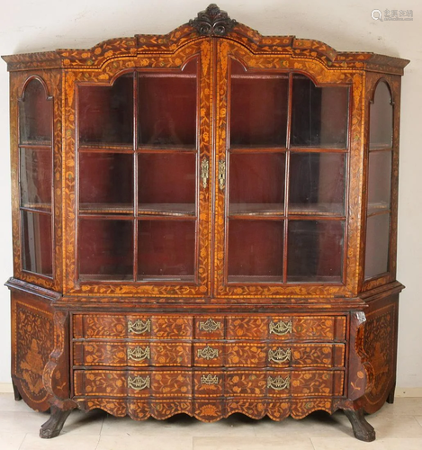 Rare, large Dutch marquetry china cabinet with floral