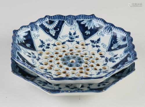 Two-piece octagonal hand-painted blue and white fruit