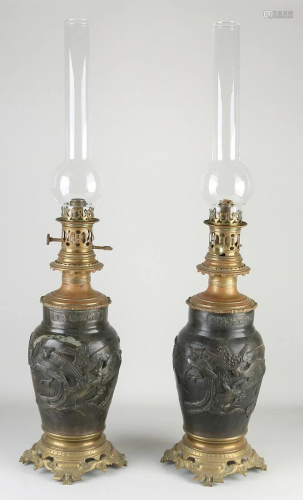 Two antique Chinese bronze oil lamps with bird of