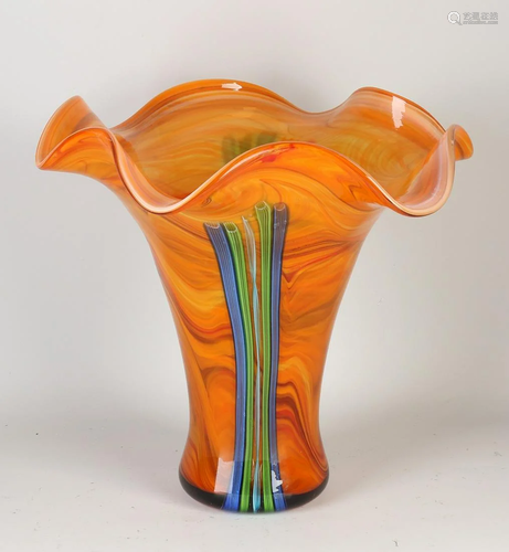 Large modern pleated glass vase. Orange/blue/green/red