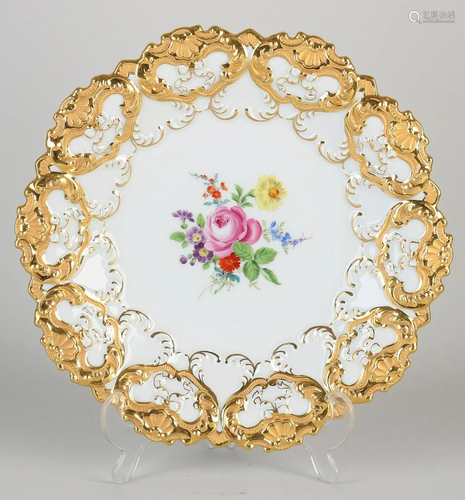 German porcelain Meissen biscuit bowl. Floral + gold