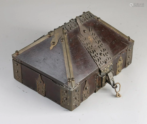 Antique oak lidded box in Gothic style with brass