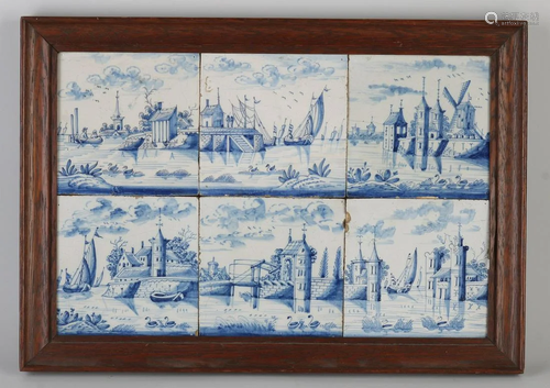 Six 18th - 19th century Dutch wall tiles in frame.