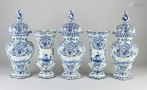 Antique five-piece Dutch Delft fayence garniture with