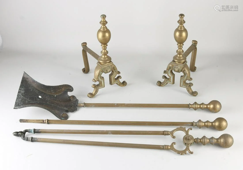 Five-piece brass fireplace set with firebucks. 19th