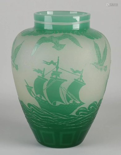 Jade-colored Carder Steuben design glass vase. Shape