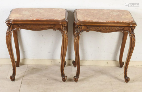 Two walnut side tables with marble top. Style