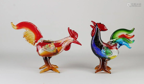 Two Murano style glass roosters. 21st century.