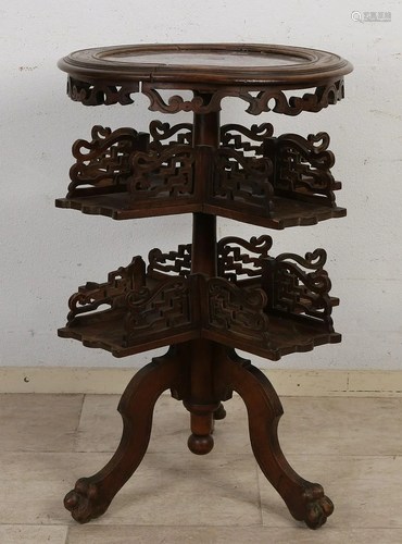 Chinese wood-carved etagiere table with swivel marble