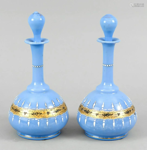 Two antique opaline glass pipe vases with enamel/gold