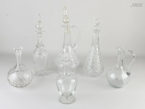 Six old/antique crystal glass carafes. Three with stop.