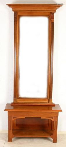 Antique German walnut mirror with fusees + console.