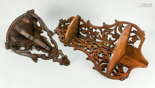 Two antique wood-carved corner shelves. floral.