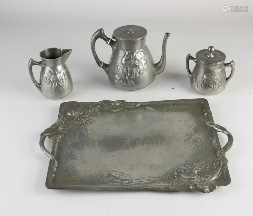 Antique four-piece German Kayserzinn tea set with