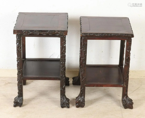 Two heavy Chinese hardwood side tables with blossom