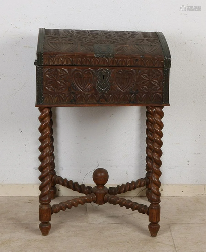 19th century carved oak bible chest with lock. Key is