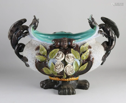 Large antique Majolica jardiniere with dragons and