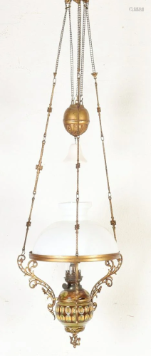 Antique majolica hanging petroleum lamp. Circa 1900.