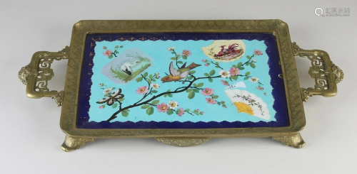 19th century bronze chinoiserie tray with ceramic