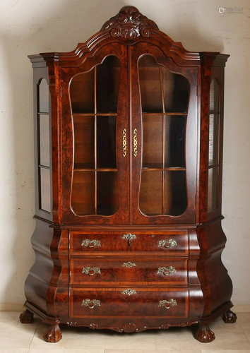 Dutch burr walnut china cabinet in Baroque style. With