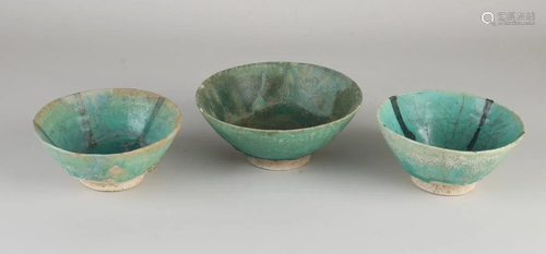 Three antique terracotta glazed Nishapur bowls. 9th -