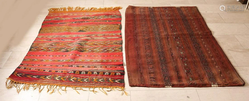 Two Oriental Kilim rugs. Red + earth tones. 20th