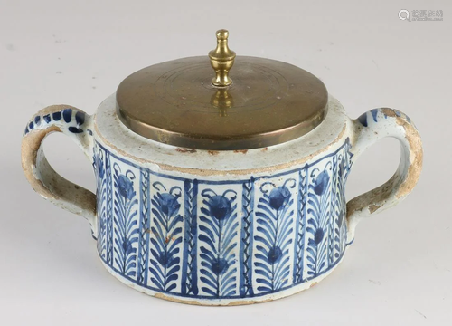 18th century Delft Fayence butter pot with brass lid.