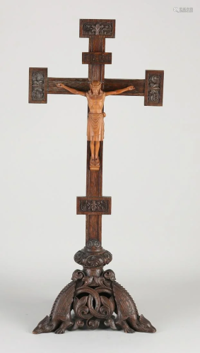 19th century carved oak Holy cross with carved basswood