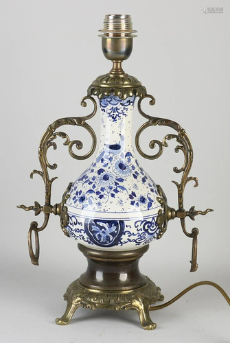 Antique Delft fayence table lamp with brass frame.