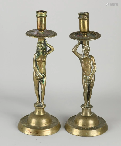 Two antique brass candlesticks. Adam & Eve. First half