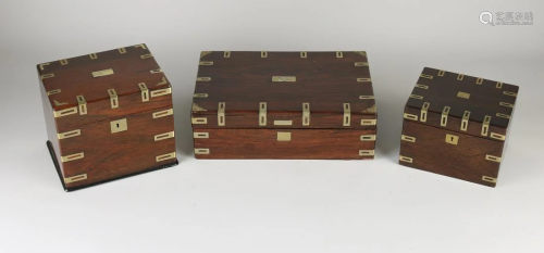 Three antique English mahogany/rosewood lidded boxes.
