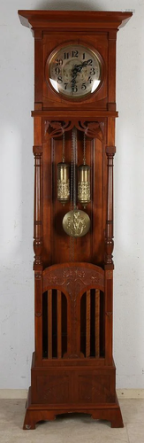 Antique German walnut Gustav Becker grandfather clock.