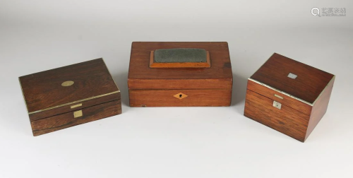 Three antique mahogany/rosewood lidded boxes. …