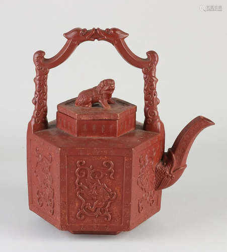 Large European terracotta teapot. Hectogonal model with