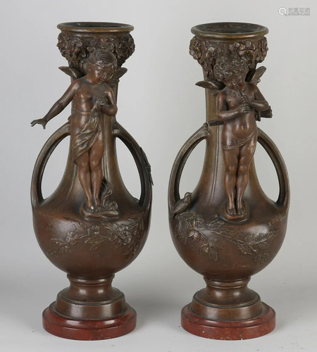 Two heavy antique composition metal French vases. By L