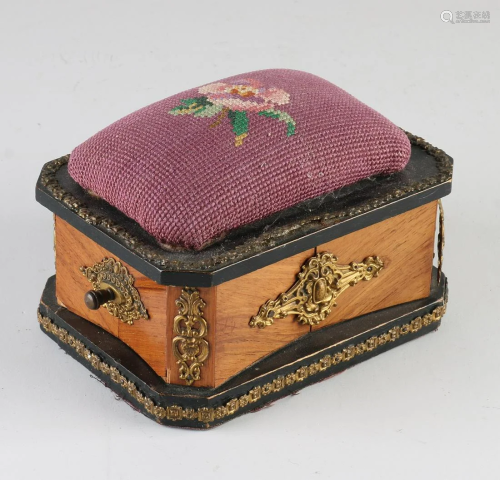 19th century walnut sewing box with brass gilt
