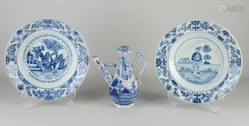 Three parts antique Delft fayence pottery. Consisting