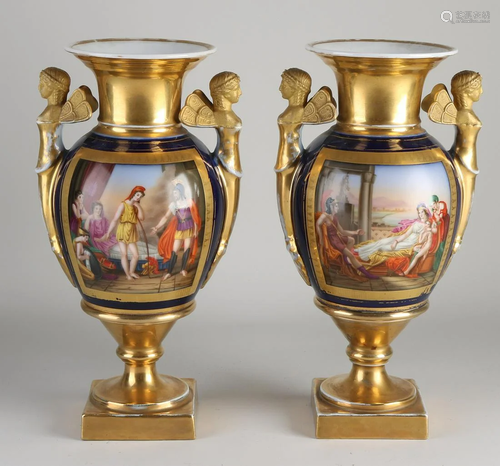 Two antique gilded French porcelain Empire amphora