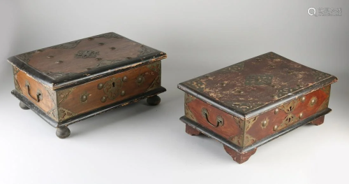 Two Indian wooden lidded boxes with brass fittings +